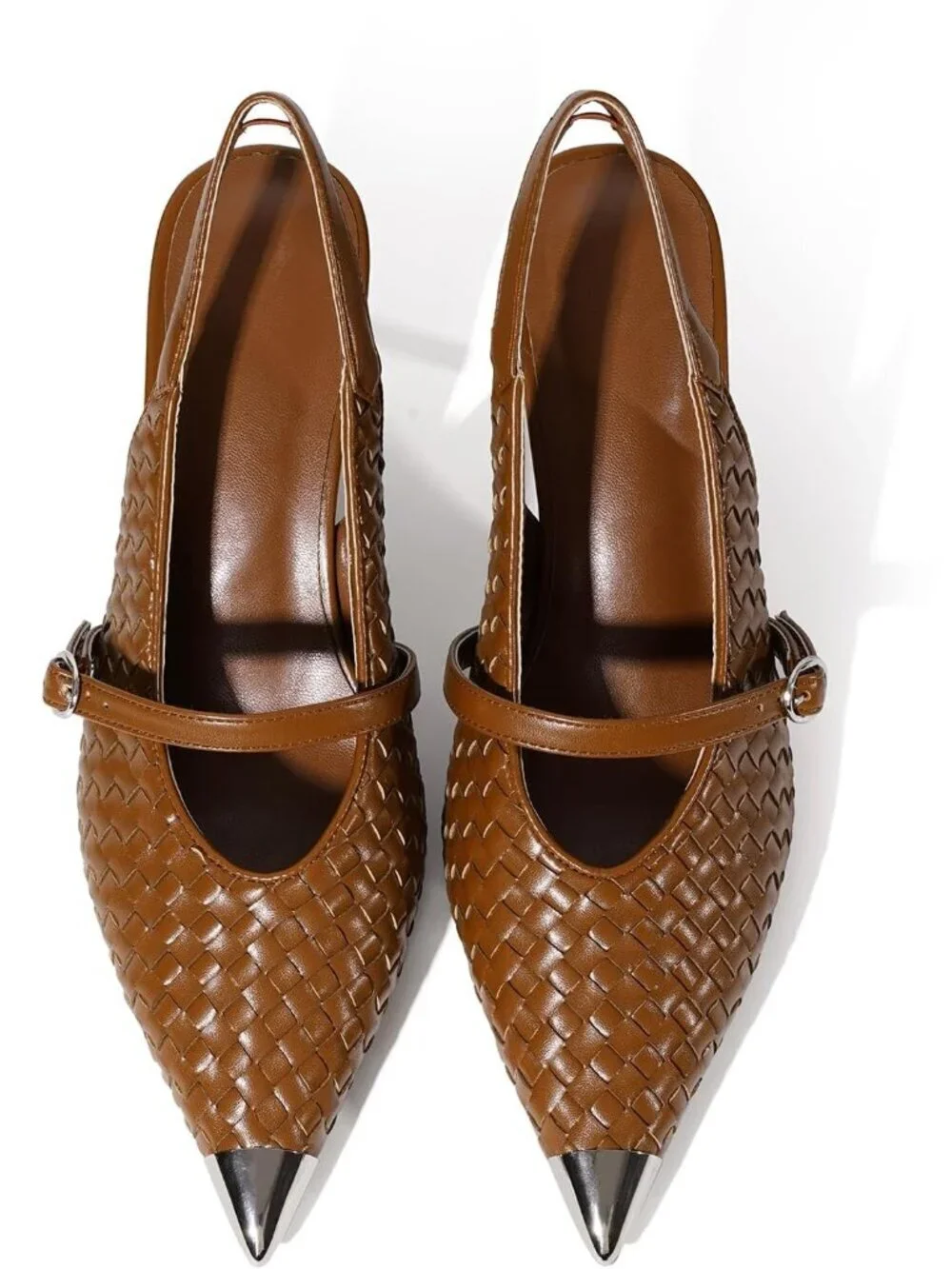 Women's Brown Slingback Stiletto Heels Closed Pointed Toe Buckle Strap Shoes